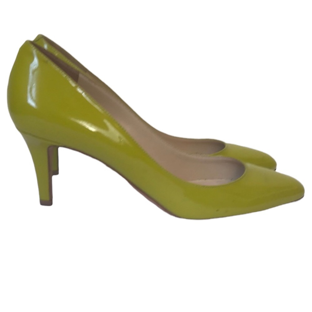 immy Choo Leather Patent Pumps Heels Shoes Almond Toe Chartreuse Green Slides
